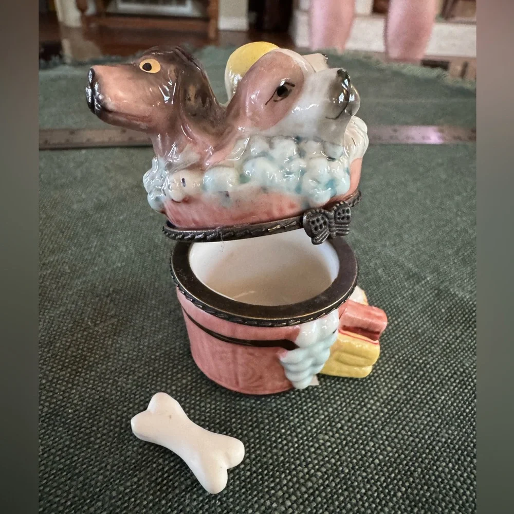 Ceramic Dog Figurine in Bath Trinket Box